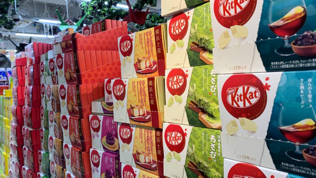 Image of different Kit Kat flavours stacked in a row