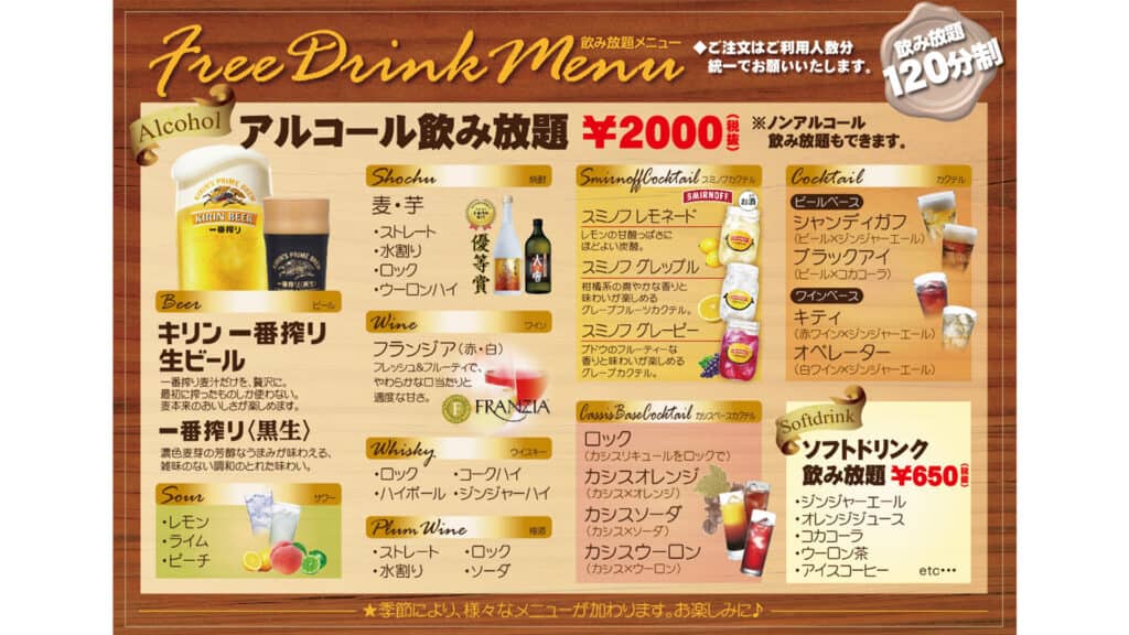 All-you-can-drink in Japan, All you need to know and the best places nomihoudai menu