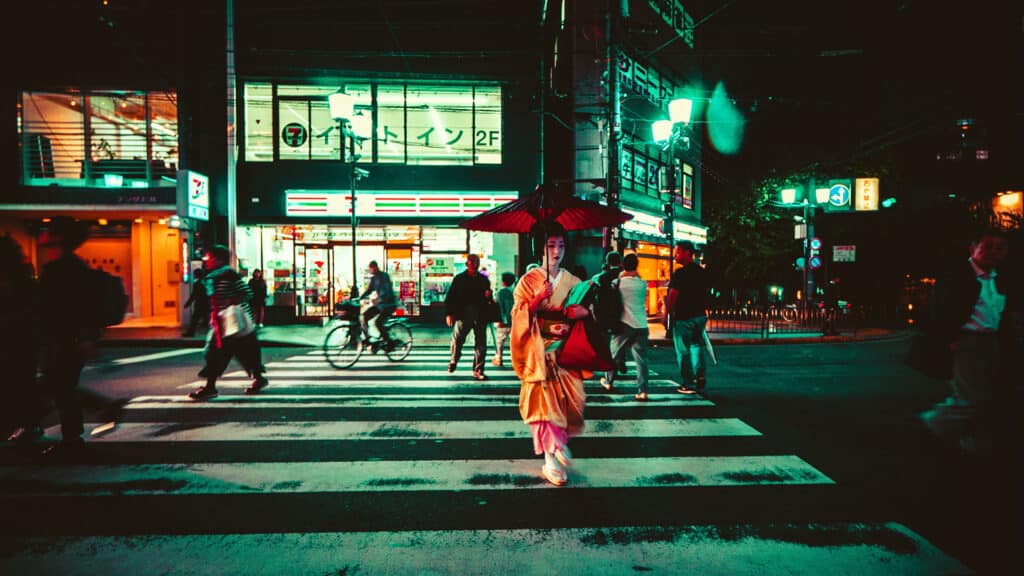 Geisha and maiko walking on the streets