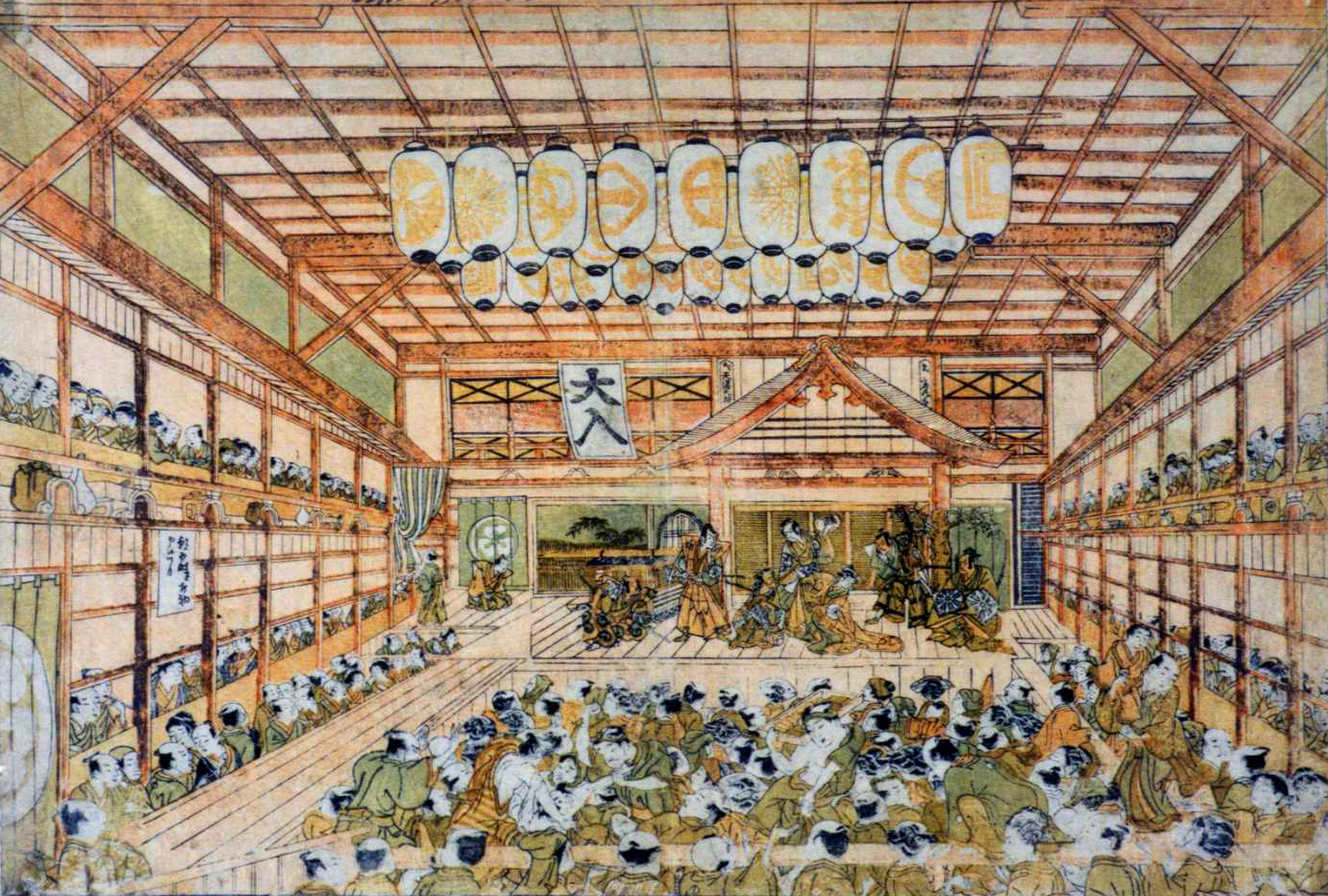 Guide to Kabuki: Shibai Ukie by Masanobu Okumura, depicting the Kabuki theater Ichimura-za in its early days