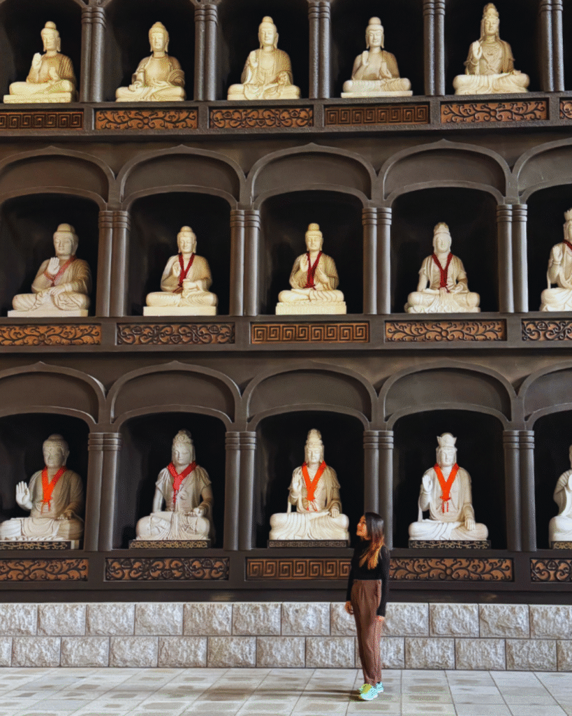 Flip Japan photo of a woman standing in front of a wall of Buddhas in one of the small cities in Japan, Fukui