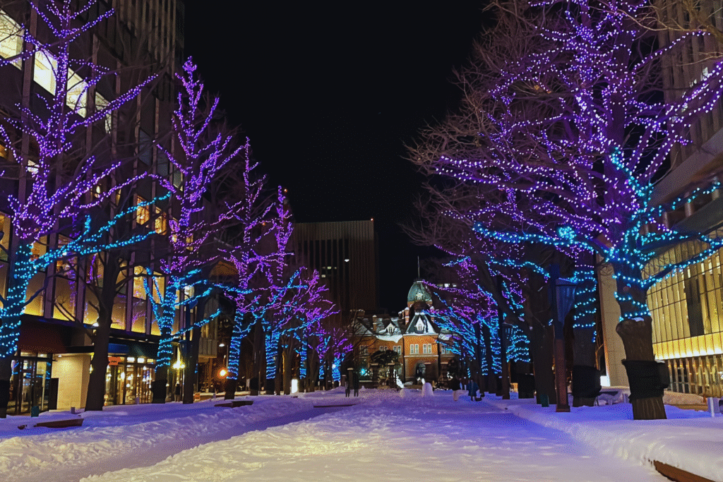 Flip Japan photo of a snowy with trees covered in purple and blue string lights during winter in Japan