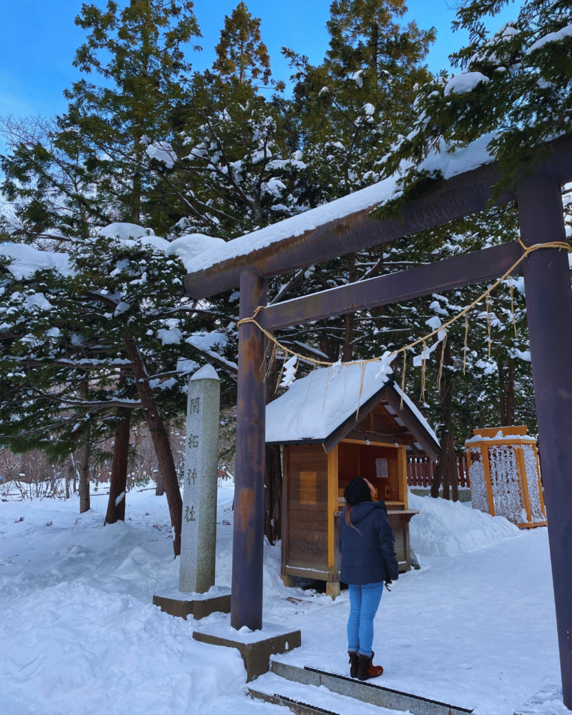 Flip Japan photo of a woman standing under a torii gate covered in snow during winter in Japan