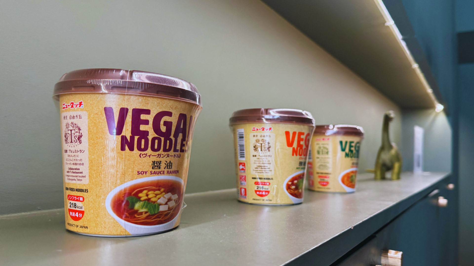 Flip Japan photo of instant vegan ramen cups lined up as vegan snacks in Japan