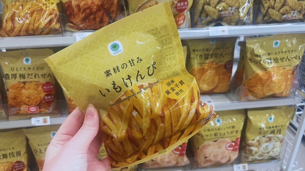 Flip Japan photo of a pack of dried sweet potato sticks, vegan snacks in Japan