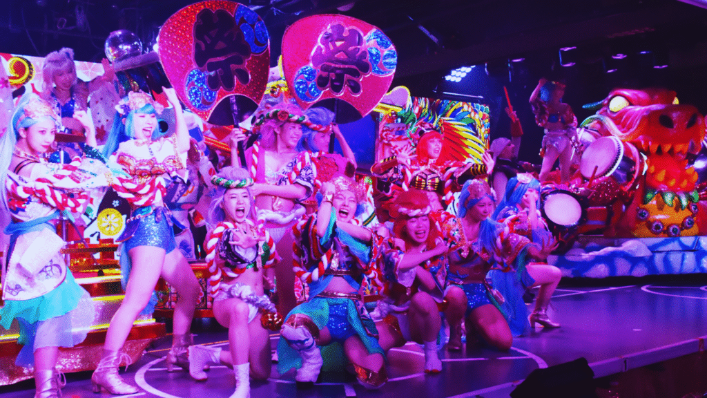 Photo of the brightly coloured performance at the samurai restaurant