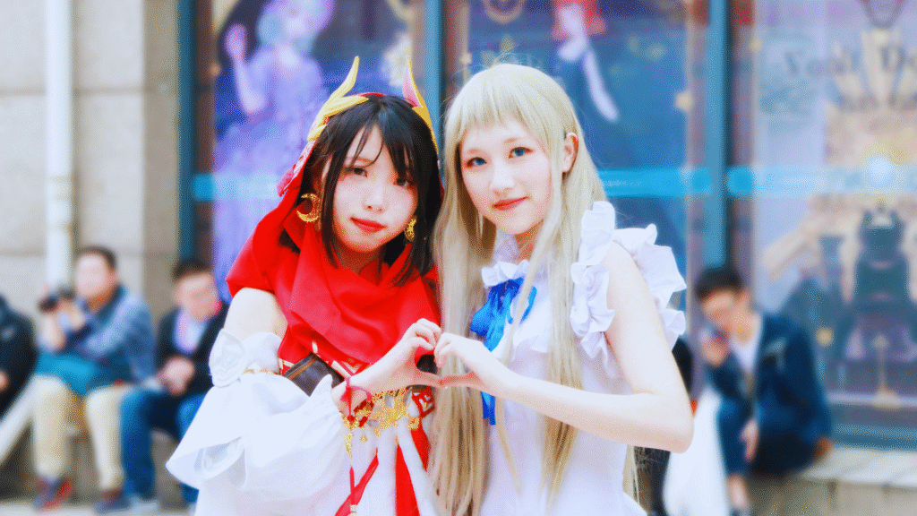 Photo of two women in cosplay making a heart with their hands