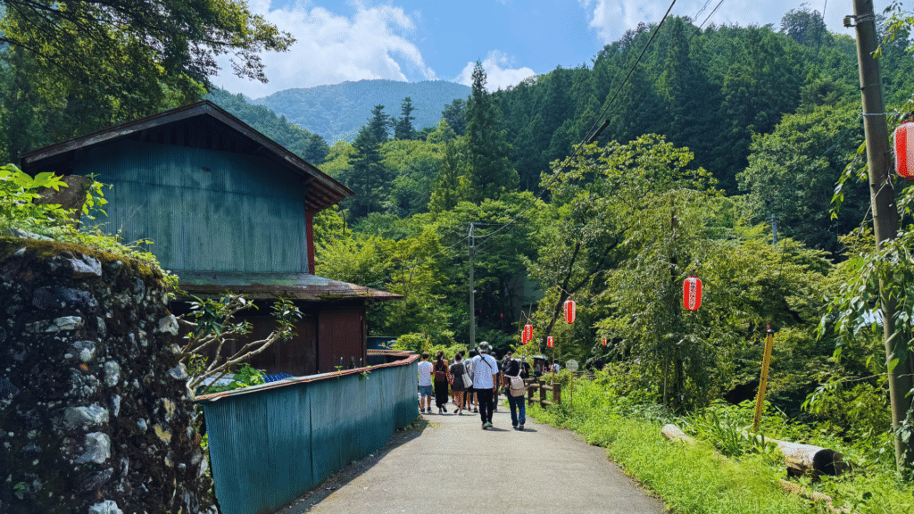 Flip Japan photo of a road in Okutama with trees and mountains on both sides