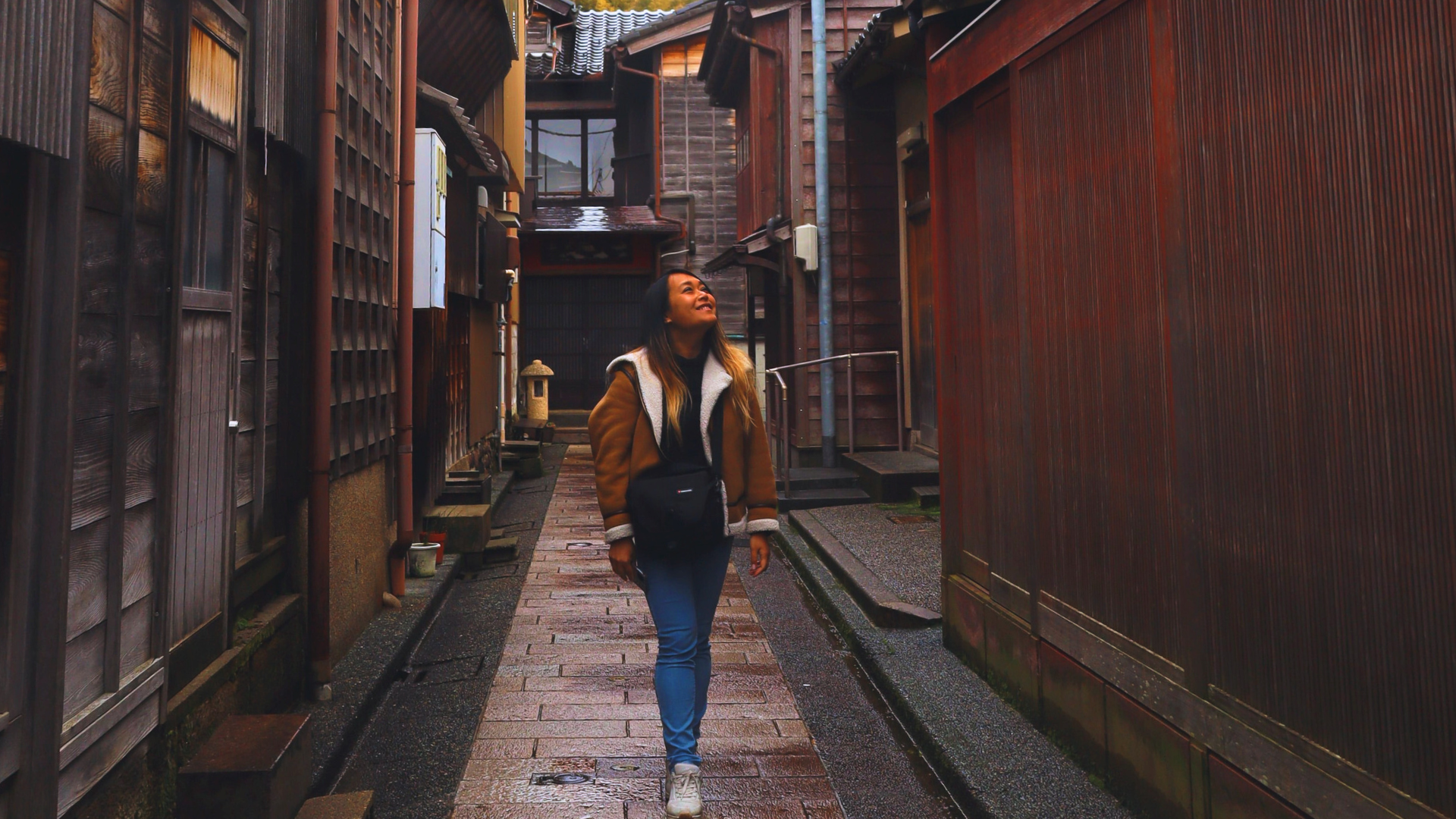 Flip Japan photo of Venese walking down the street in Higashi Chaya District
