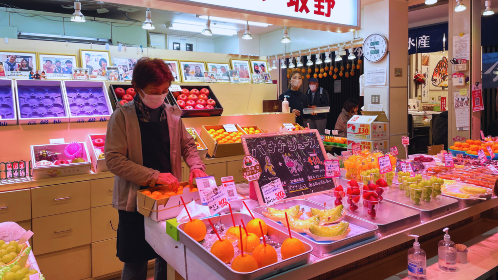 Flip Japan photo of the Fruits Sakano fresh fruit stall in Omicho Market