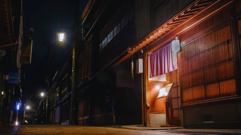 Photo of a chaya building at night in Higashi Chaya District, Kanazawa