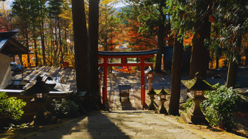 Photo of the stairs and torii gate leading to Sakurayama Hachimangu Shrine