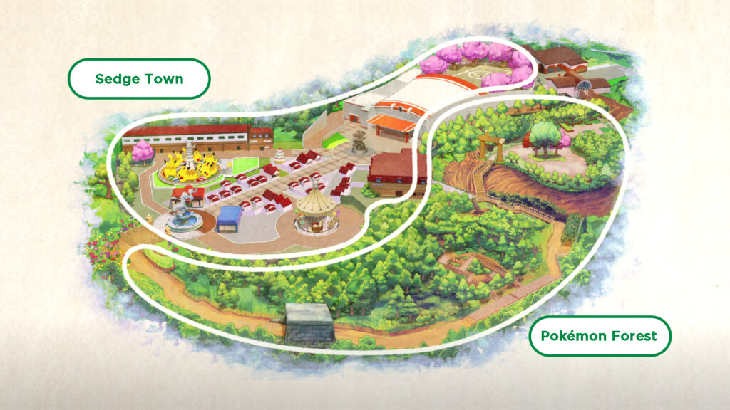 Image of the PokéPark Kanto official map, an illustrated image of the Sedge Town and Pokémon Forest areas
