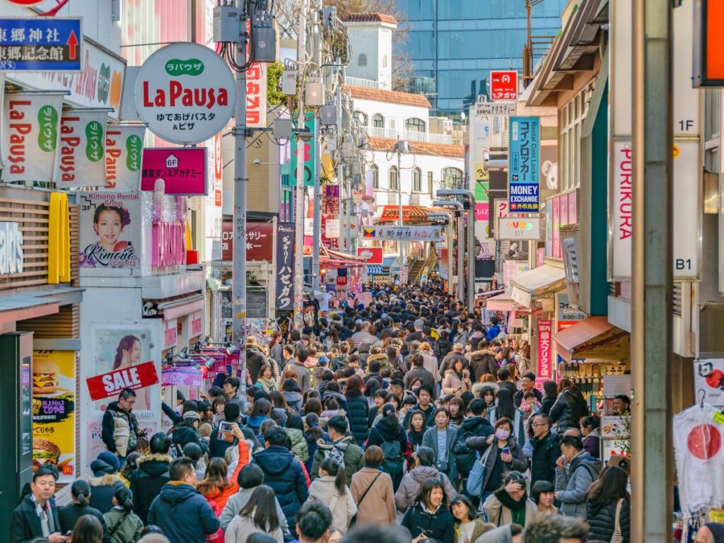 Large crowds of tourists visiting Takeshita Street during the busy Japan's Golden Week holiday period