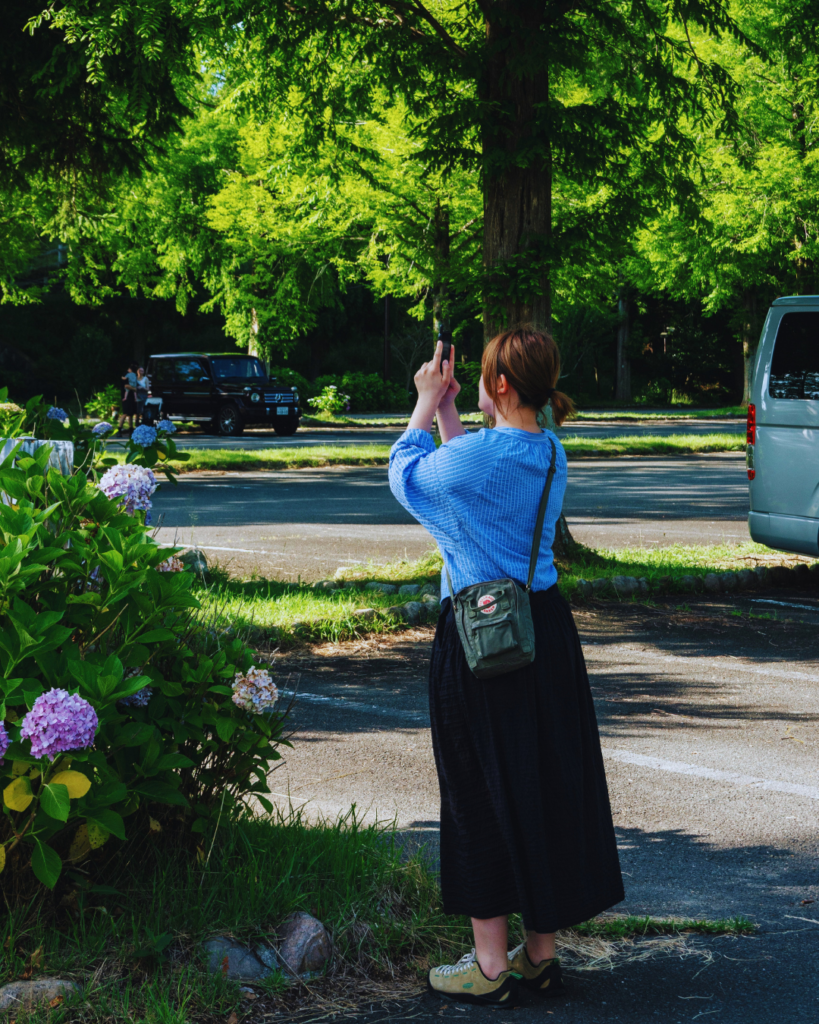 A photo of a woman taking a video on her phone of hydrangeas 
