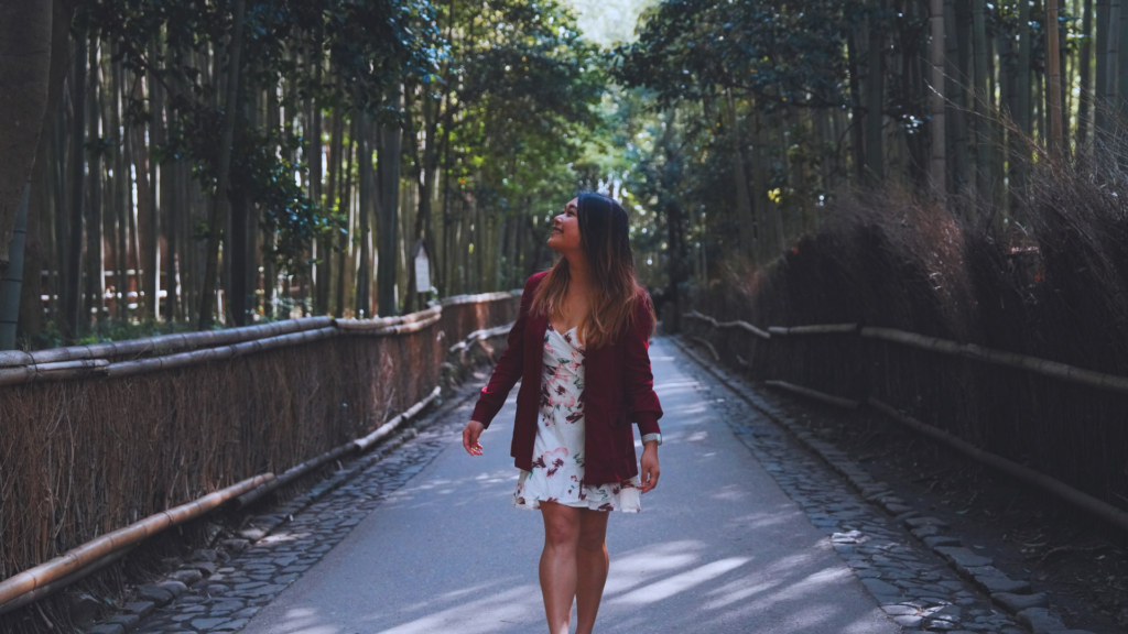 Flip Japan photo of Venese in Arashiyama bamboo forest as a vegan in Kyoto