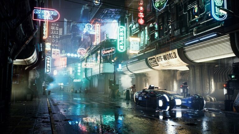 Movie poster for the 1982 dystopian film Blade Runner that shows the dystopian cityscape along dark grungy streets.