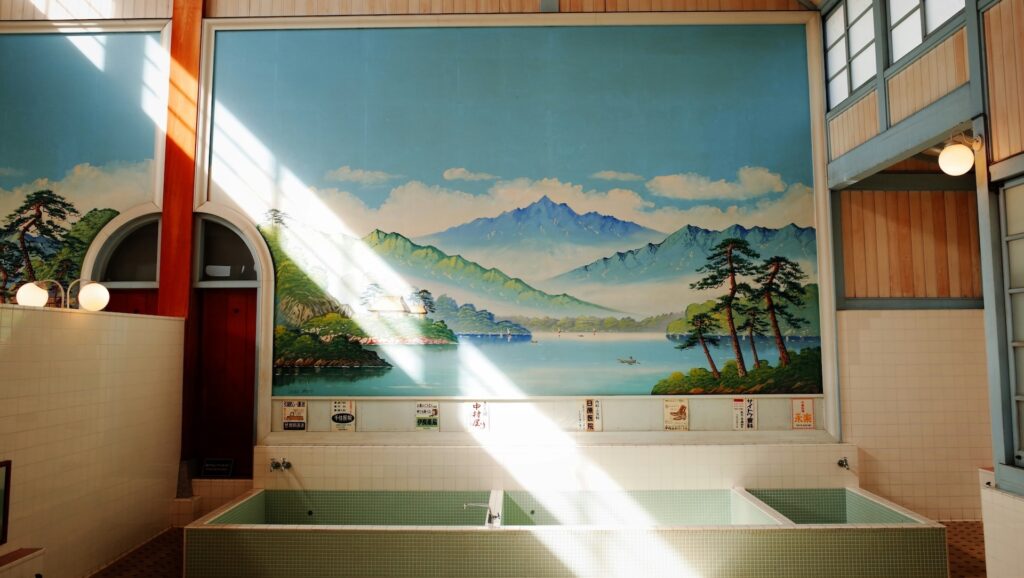 A showa period sento with a fuji mural on the wall is a little bit more of the toned down retro than others.