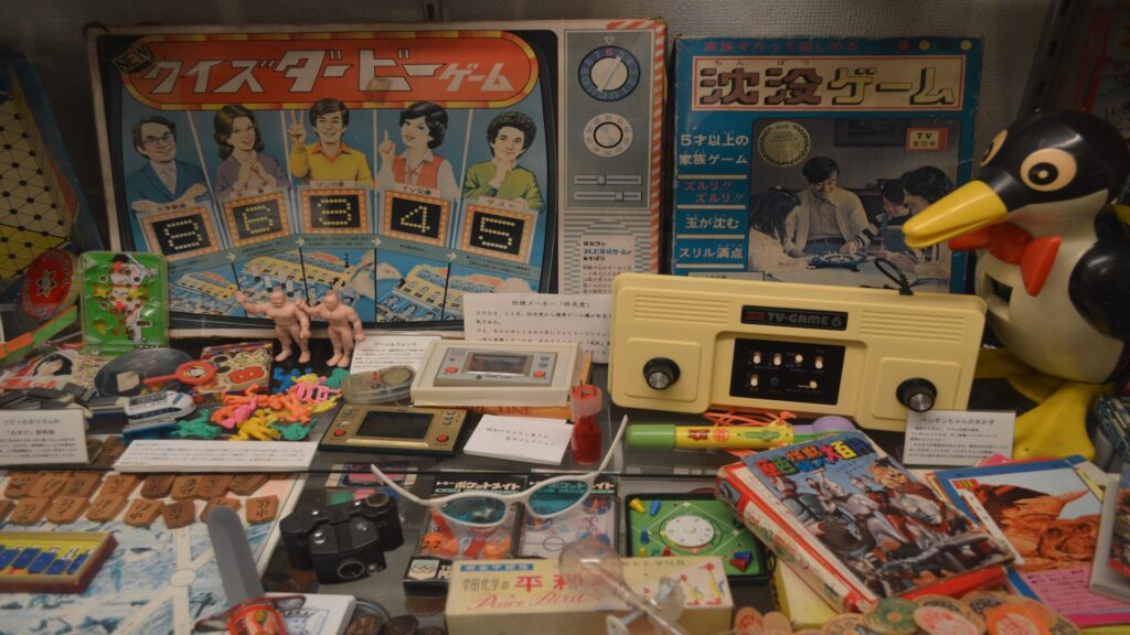 Showa style packaging for TV and games show the retro vibes of the era