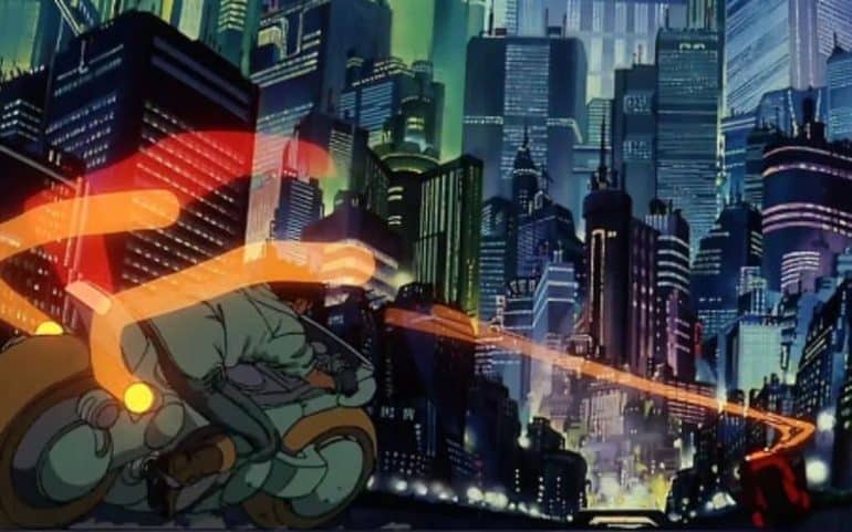 Movie poster for the 1988 Japanese anime film Akira that should the dystopian neon drenched cityscape.