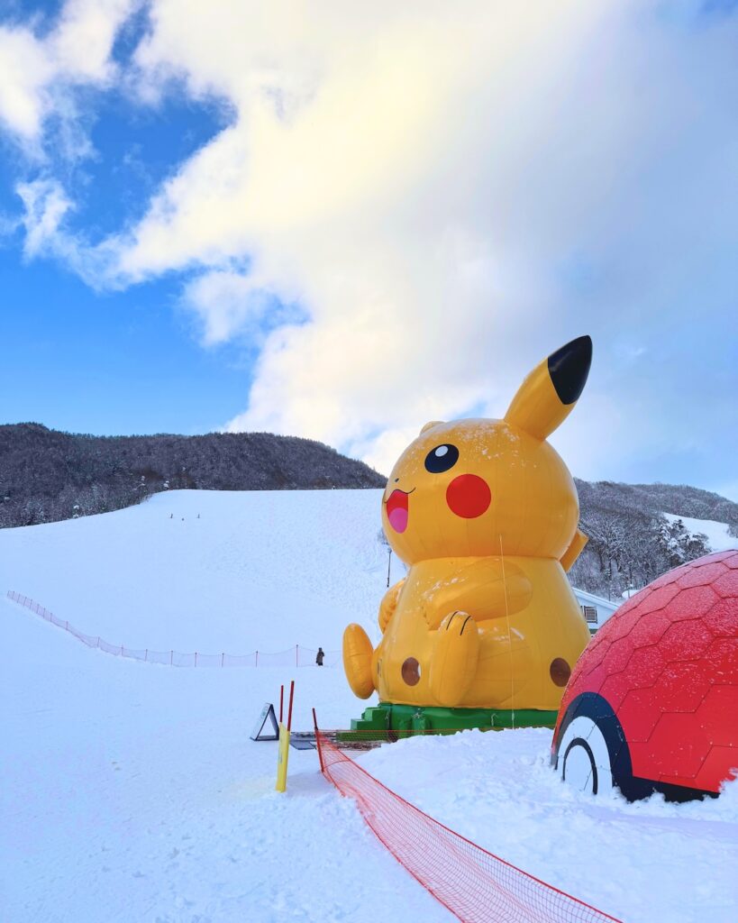 Giant inflatable Pikachu and a Poké Ball dome tent in the Pokémon Snow Adventure area at Hakuba Kashimayari, Nagano